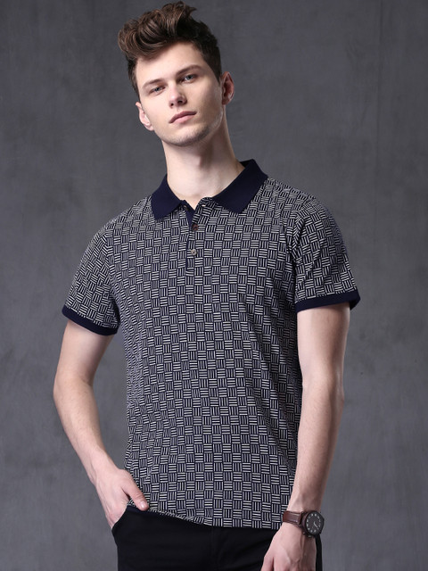 

WROGN Men Navy & White Printed Polo T-Shirt, Navy blue