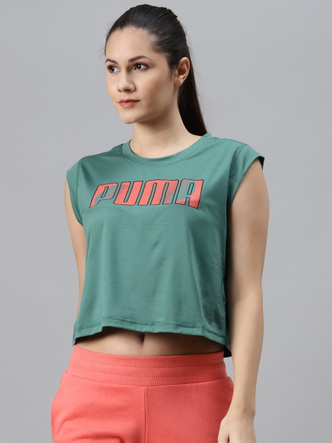 Puma Women Green Brand Logo Printed Training or Gym Logo Cap Sleeve Cropped T-shirt
