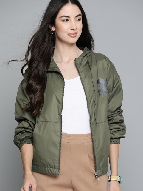 

Harvard Women Olive Green Solid Hooded Bomber Jacket