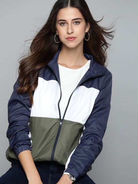 

Harvard Women Navy Blue & Olive Green Colourblocked Tailored Jacket