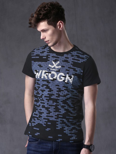 

WROGN Men Black & Blue Printed Round Neck T-shirt