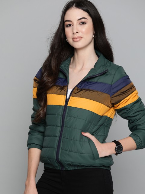 

Harvard Women Green Yellow Striped Padded Jacket