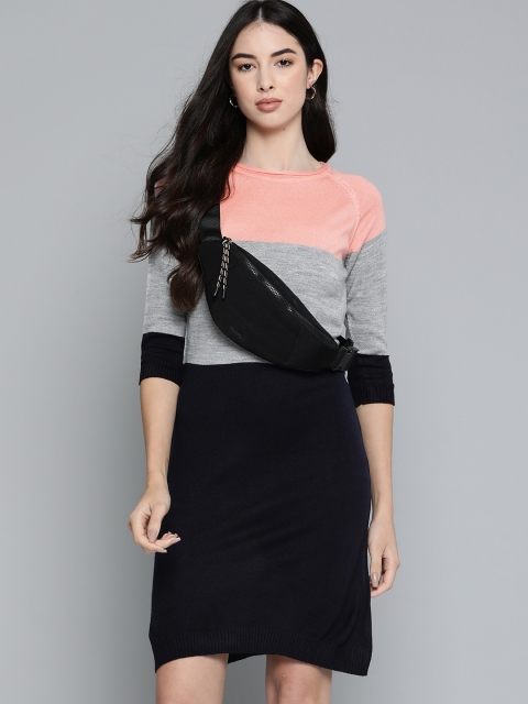 

Harvard Navy Blue & Grey Melange Colourblocked Sheath Dress