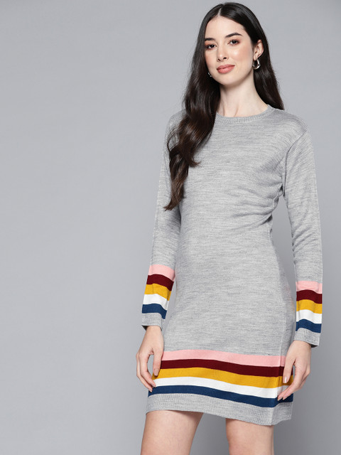 

Harvard Grey Melange Solid Sweater Dress with Stripe Detail