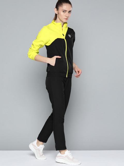 

HRX By Hrithik Roshan Football Women Jet Black Rapid-Dry Colourblock Tracksuit, Fluorescent green