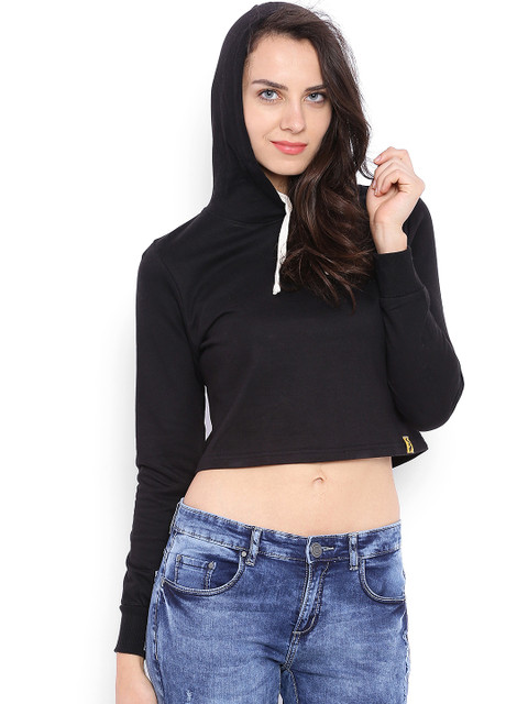 

Campus Sutra Black Hooded Cropped Sweatshirt