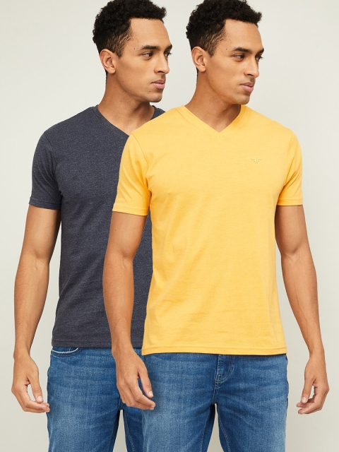 

Fame Forever by Lifestyle Men Pack of 2 Navy Blue & Yellow Solid V-Neck Cotton T-shirt