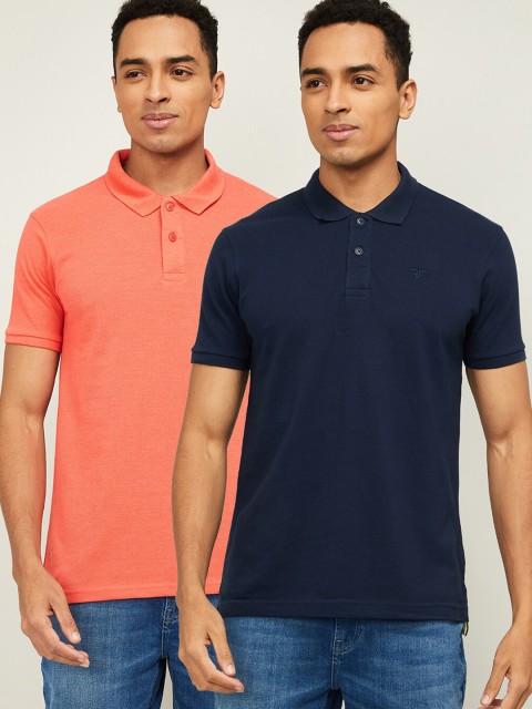 

Fame Forever by Lifestyle Men Pack of 2 Coral & Navy Blue Solid Polo Collar Cotton T-shirt