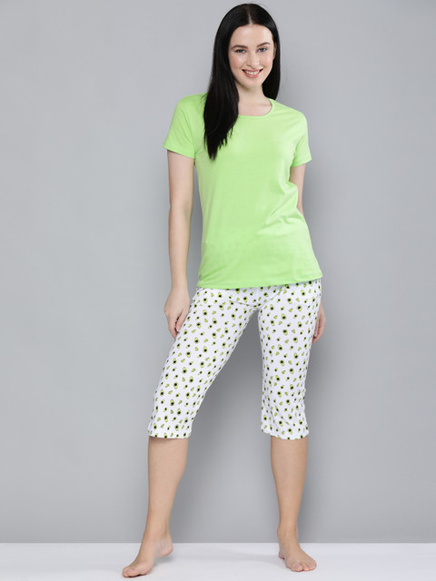 

HERE&NOW Women Green & White Pure Cotton Night Suit
