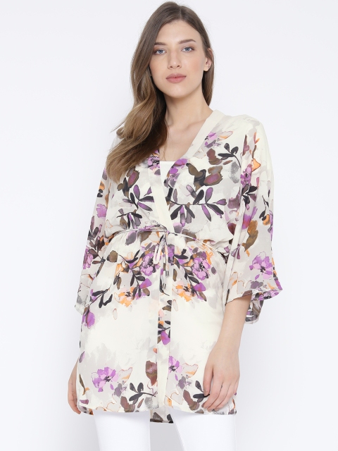 

Vero Moda Off-White Polyester Floral Print Kimono Shrug