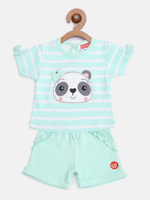 

Fisher Price X Moms Love Infant Girls Sea-Green Striped Applique Cotton T-shirt & Shorts