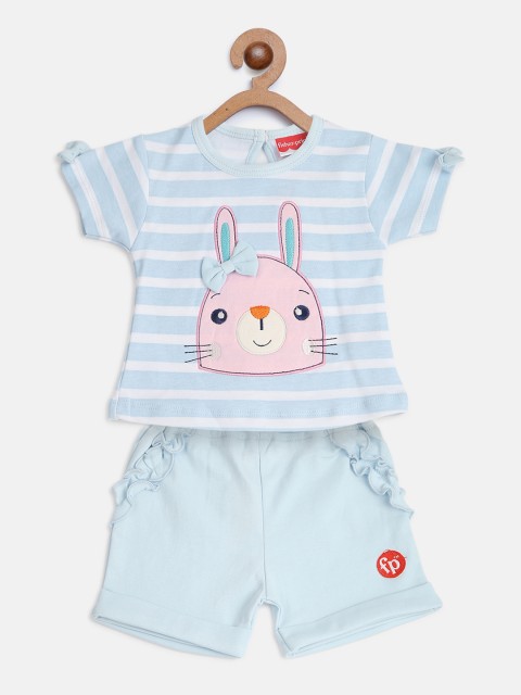 

Fisher Price X Moms Love Infant Girls Blue Striped Applique Pure Cotton T-shirt & Shorts