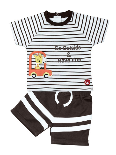 

Fisher Price X Moms Love Infant Boys White & Coffee Brown Striped T-shirt with Shorts