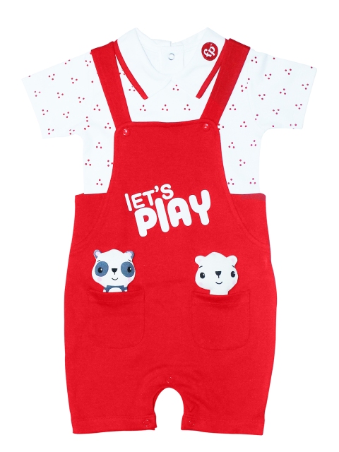 

Fisher Price X Moms Love Infant Girls Red Solid Cotton Dungarees with T-shirt
