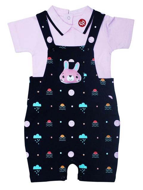 

Fisher Price X Moms Love Infant Girls Navy Blue Printed Cotton Dungarees with T-shirt