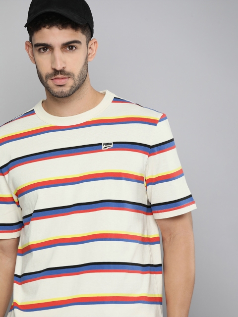 

Puma Men Off White Cream-Coloured Striped Pure Cotton T-shirt