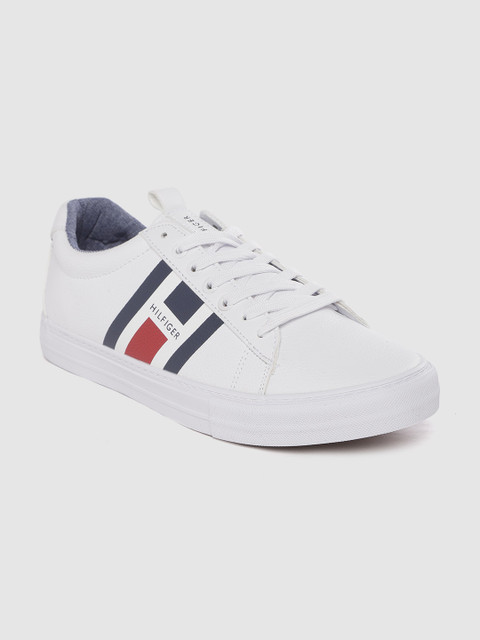 

Tommy Hilfiger Men White & Navy Blue Solid Sneakers with Printed Detail
