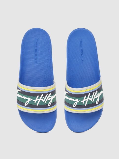 

Tommy Hilfiger Men Green & Blue Striped Sliders with Brand Logo Embossed Detail