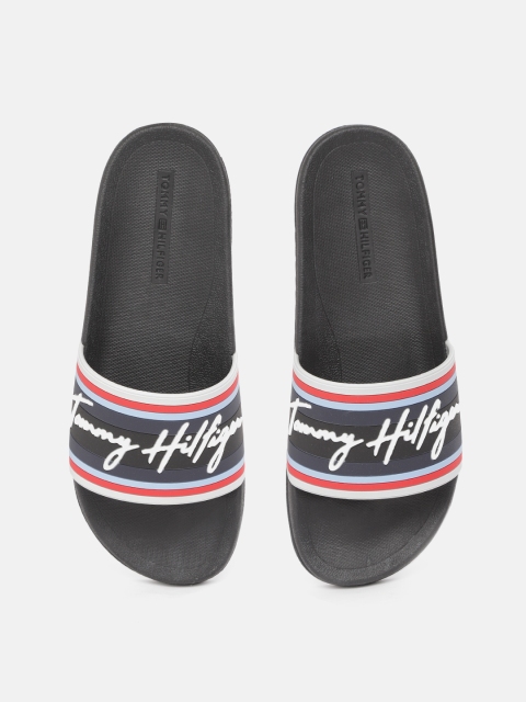 

Tommy Hilfiger Men Black & Navy Blue Striped Sliders with Brand Logo Embossed Detail