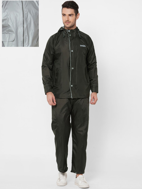 

Zeel Men Dark Green & Grey Solid Reversible Hooded Rain Suit