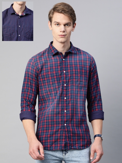

VAN HEUSEN DENIM LABS Men Navy Blue Slim Fit Checked Reversible Pure Cotton Casual Shirt