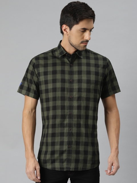 

VAN HEUSEN DENIM LABS Men Olive Green & Black Slim Gingham Checks Pure Cotton Casual Shirt