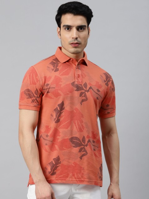 

VAN HEUSEN DENIM LABS Men Peach-Coloured Floral Printed Pure Cotton Polo Collar Pure Cotton T-shirt