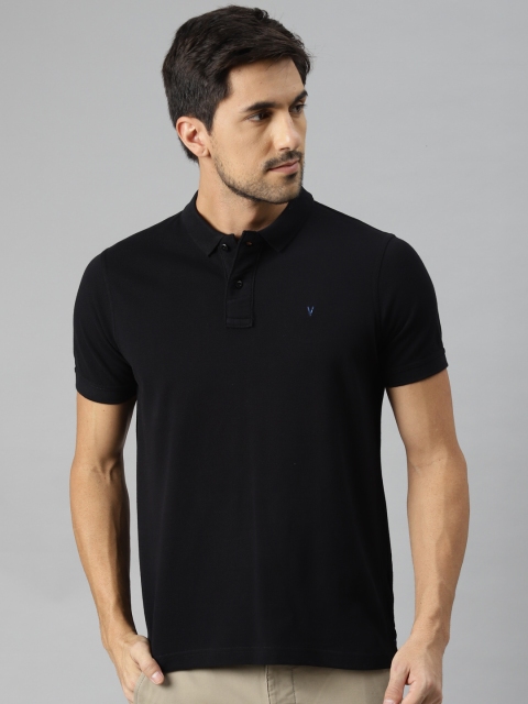 

VAN HEUSEN DENIM LABS Men Black Pure Cotton Solid Polo Collar T-shirt