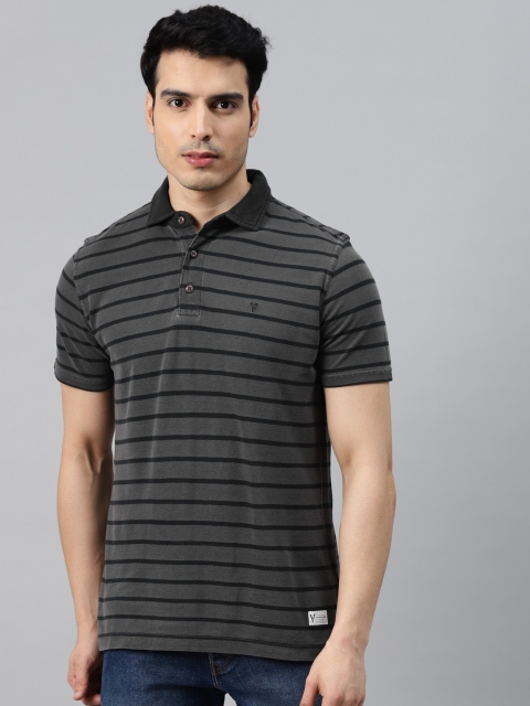 

VAN HEUSEN DENIM LABS Men Charcoal Grey Black Pure Cotton Striped Polo Collar Pure Cotton T-shirt