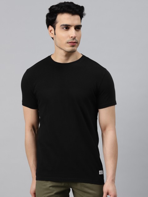 

VAN HEUSEN DENIM LABS Men Black Solid Cotton T-shirt