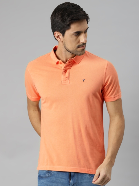 

VAN HEUSEN DENIM LABS Men Peach Coloured Pure Cotton Solid Polo Collar T-shirt
