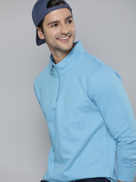 

HERE&NOW Men Blue Pure Cotton Half Zipper Sweatshirt