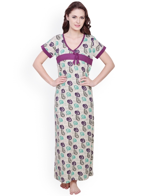 

Claura Off-White & Purple Printed Maxi Nightdress cot-13