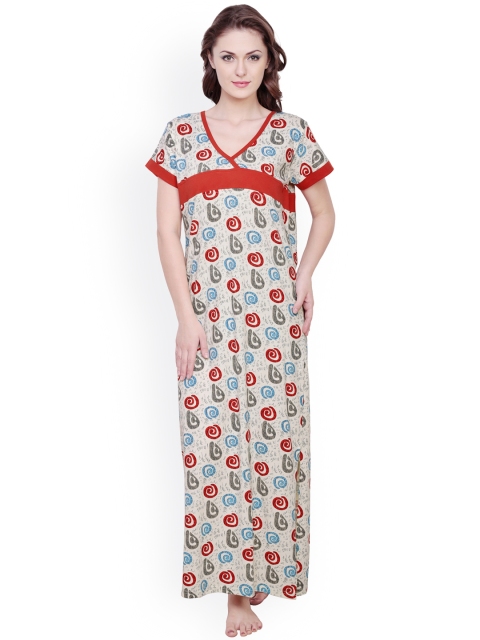 

Claura Cream-Coloured & Red Printed Maxi Nightdress cot-13