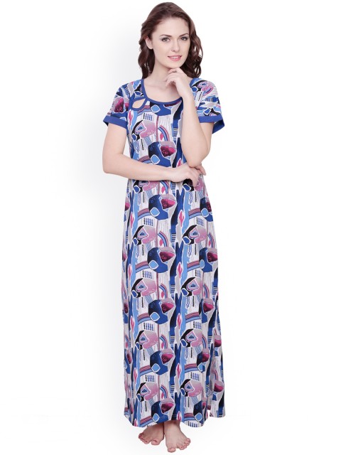 

Claura Blue Printed Maxi Nightdress cot-16