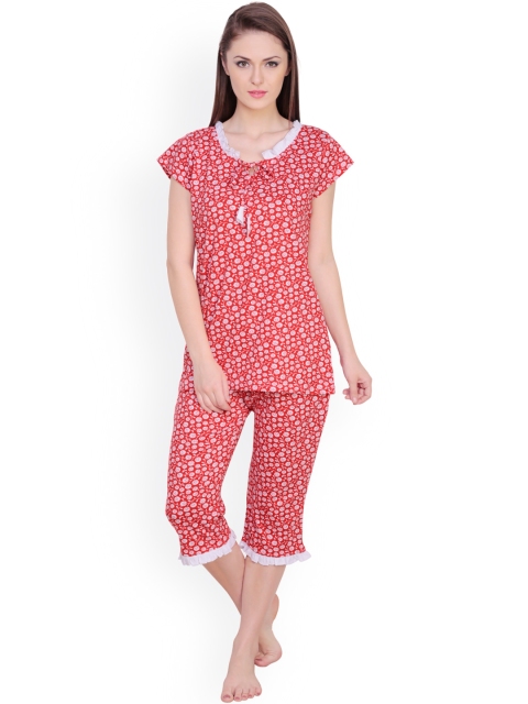

Claura Red Floral Print Night Suit cot-07