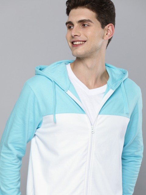 

HERE&NOW Men Turquoise Blue & White Colourblocked Hooded Pure Cotton Front-Open Sweatshirt