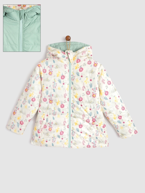 

YK Girls White & Green Floral Print Reversible Padded Jacket