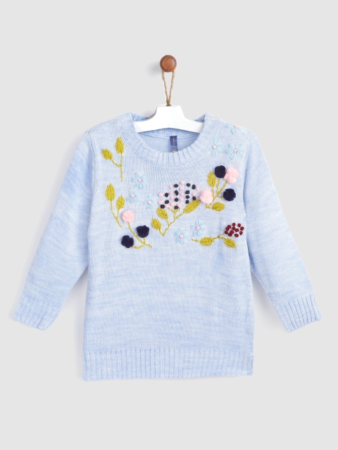 

YK Girls Blue Floral Embroidered Pullover Sweater with Pom-Pom Detail