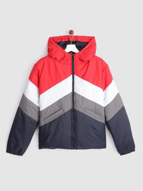

YK Boys Red & Navy Blue Colourblocked Hooded Padded Jacket