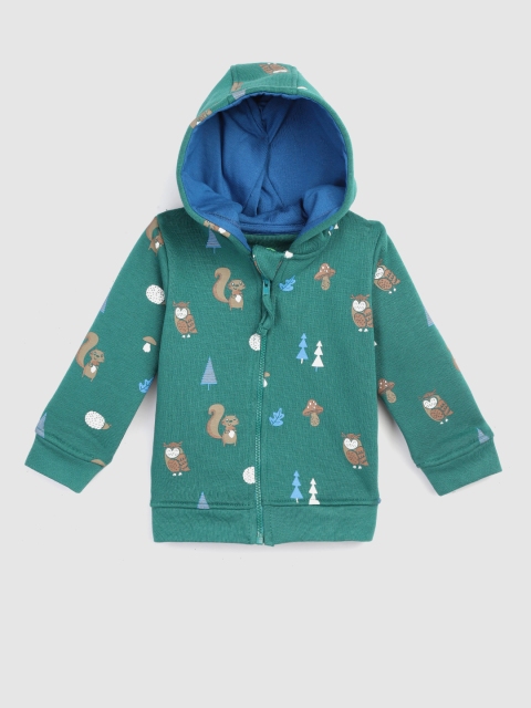 

YK Boys Green & Brown Owl Print Hooded Sweatshirt