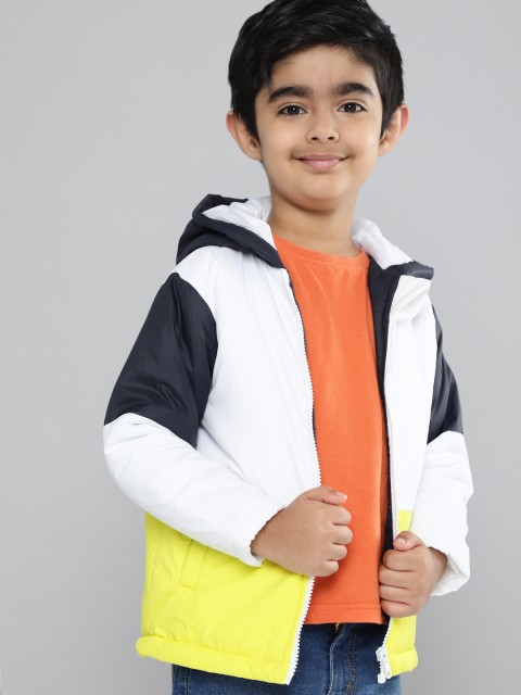 

YK Boys White & Fluorescent Green Colourblocked Hooded Padded Jacket