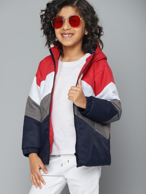 

YK Boys Red & Navy Blue Colourblocked Hooded Padded Jacket