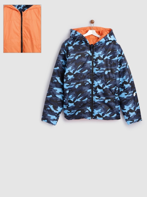 

YK Boys Blue & Orange Camouflage Print Reversible Hooded Padded Jacket
