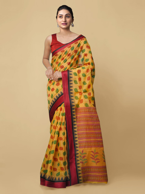

Unnati Silks Orange & Red Silk Cotton Printed Baluchari Saree