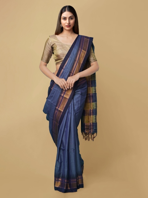 

Unnati Silks Blue Silk Cotton Solid Handloom Narayan Peth Saree