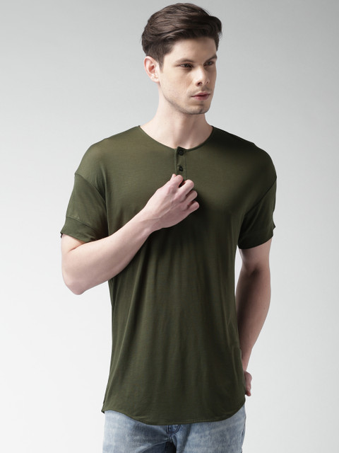 

SELECTED Men Olive Green Solid Henley Neck T-shirt