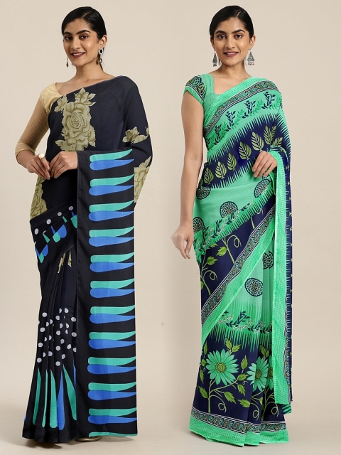 

KALINI Pack of 3 Navy Blue & Green Pure Georgette Sarees