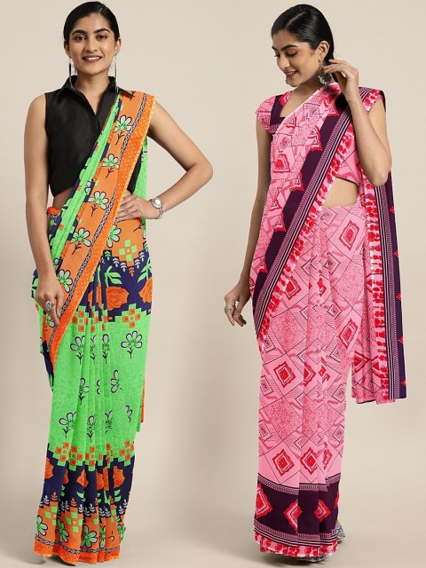 

KALINI Pack of 2 Lime Green & Pink Printed Pure Georgette Saree