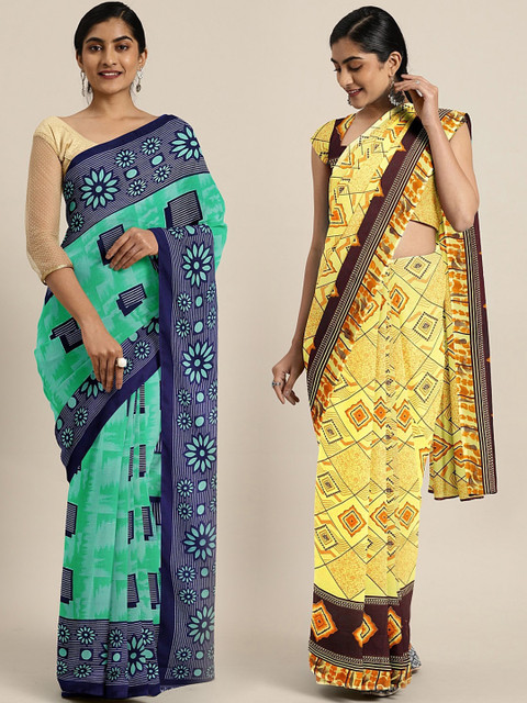 

KALINI Pack of 2 Green & Yellow Pure Georgette Sarees, Teal